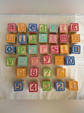 Set of 36 Colorful Cute Wooden Alphabet Building Blocks and Cloth Storage Bag